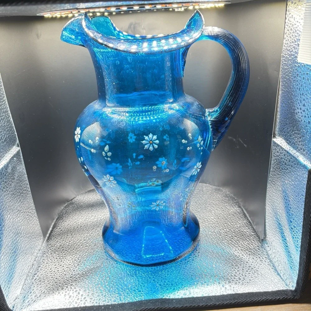 ANTIQUE VICTORIAN AQUA BLUE RUFFLED GLASS PITCHER w Enamel Floral Hand Painted**